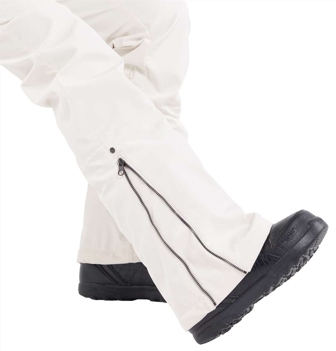 Volcom Women's Battle Stretch High Rise Pants 2024 - White snow pants with black zipper on left leg.