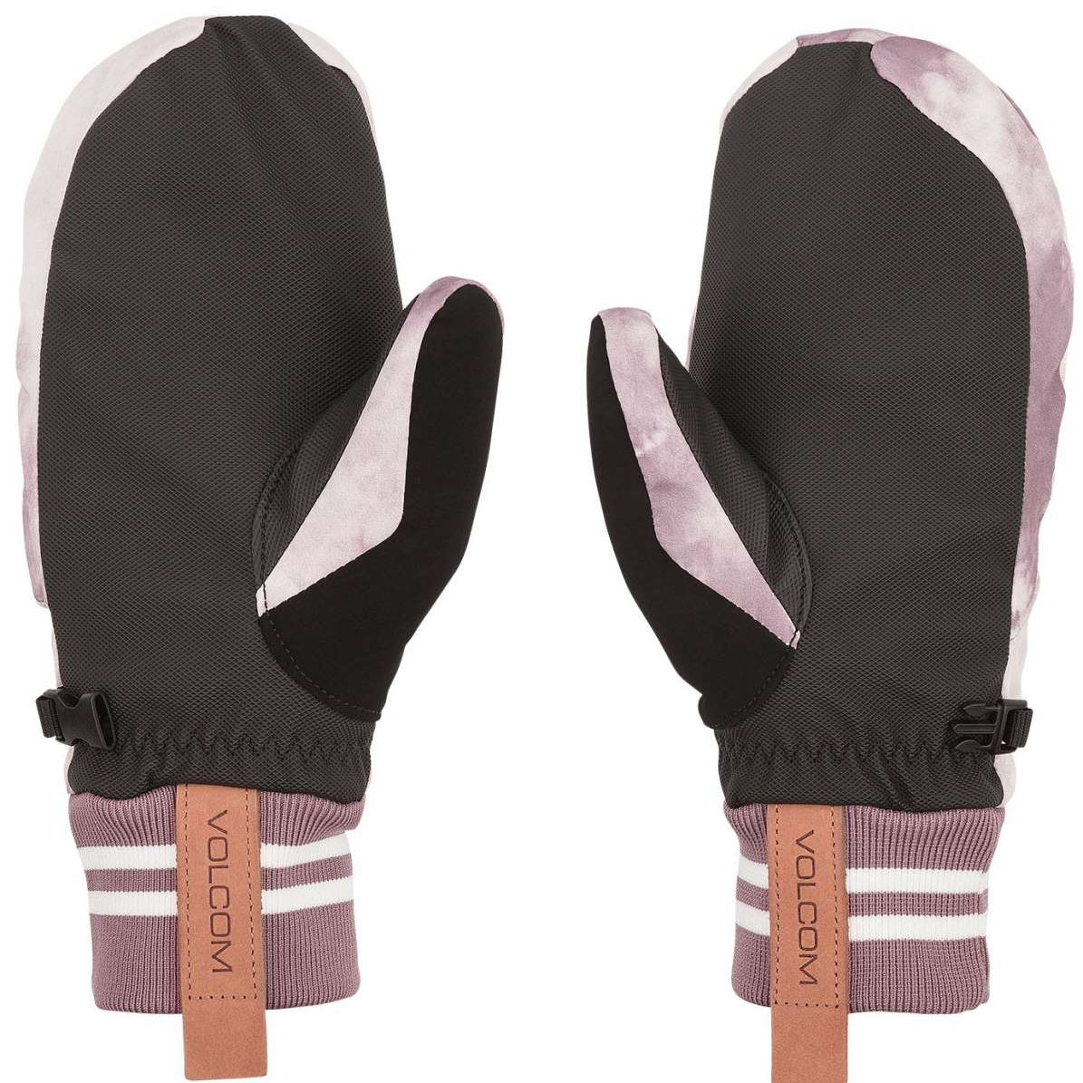 Volcom Women's Bistro Mittens 2023 - A pair of black mittens with a white stripe on the wrist and a brown leather strap.