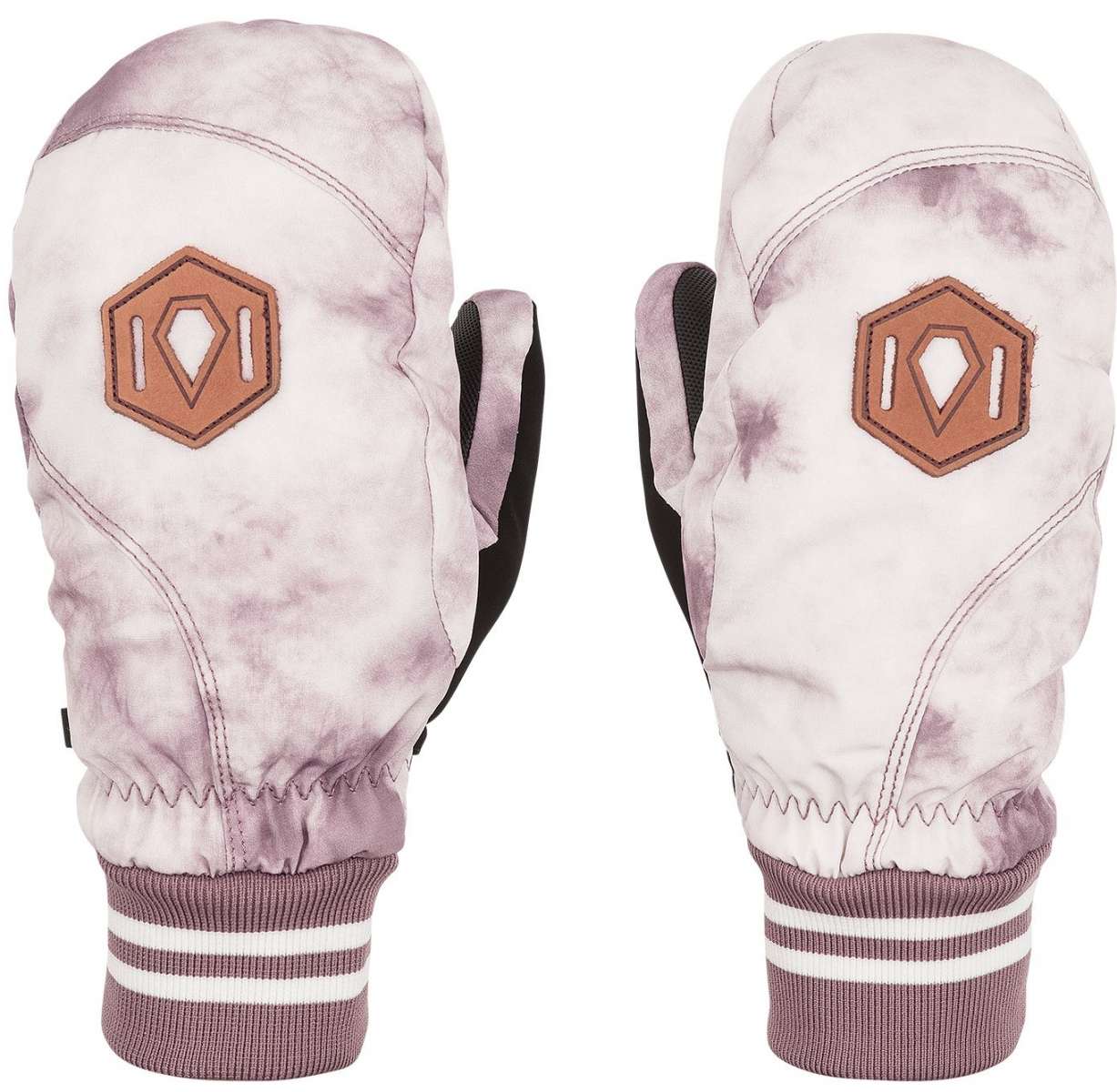 Volcom Women's Bistro Mittens 2023 - Pair of mittens with a brown leather patch on the back and a white, grey, and black tie-dye pattern on the palm side.