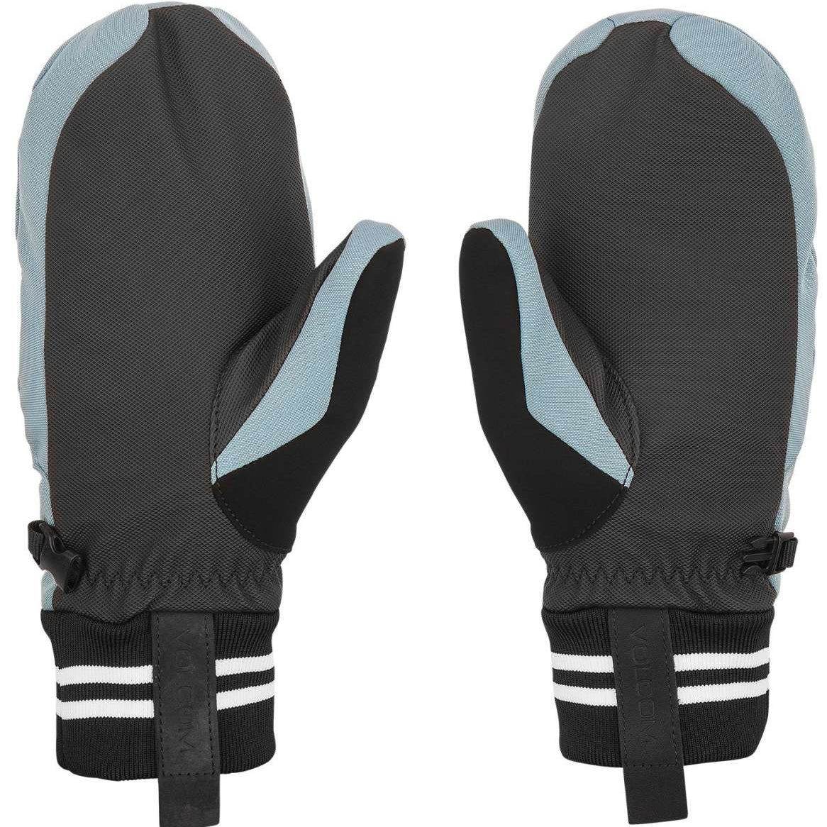 Volcom Women's Bistro Mittens - Pair of black mittens with a light blue stripe on the wrist strap and thumb.