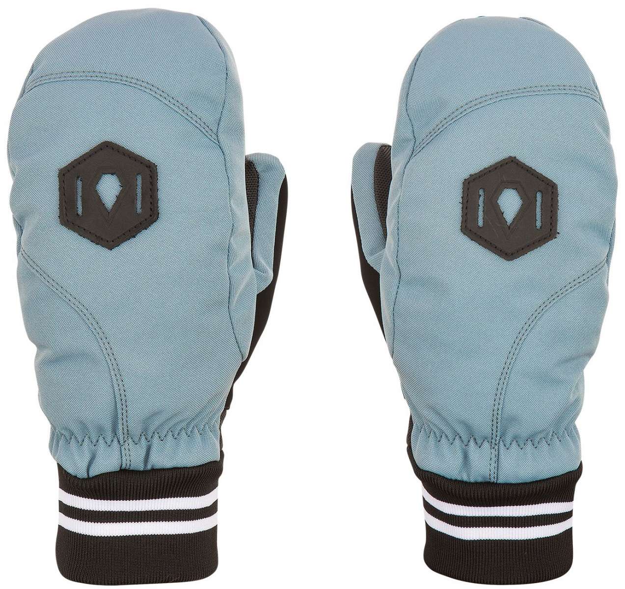 Volcom Women's Bistro Mittens 2023 - A pair of light blue mittens with a black logo on the back and white stripes at the wrist.