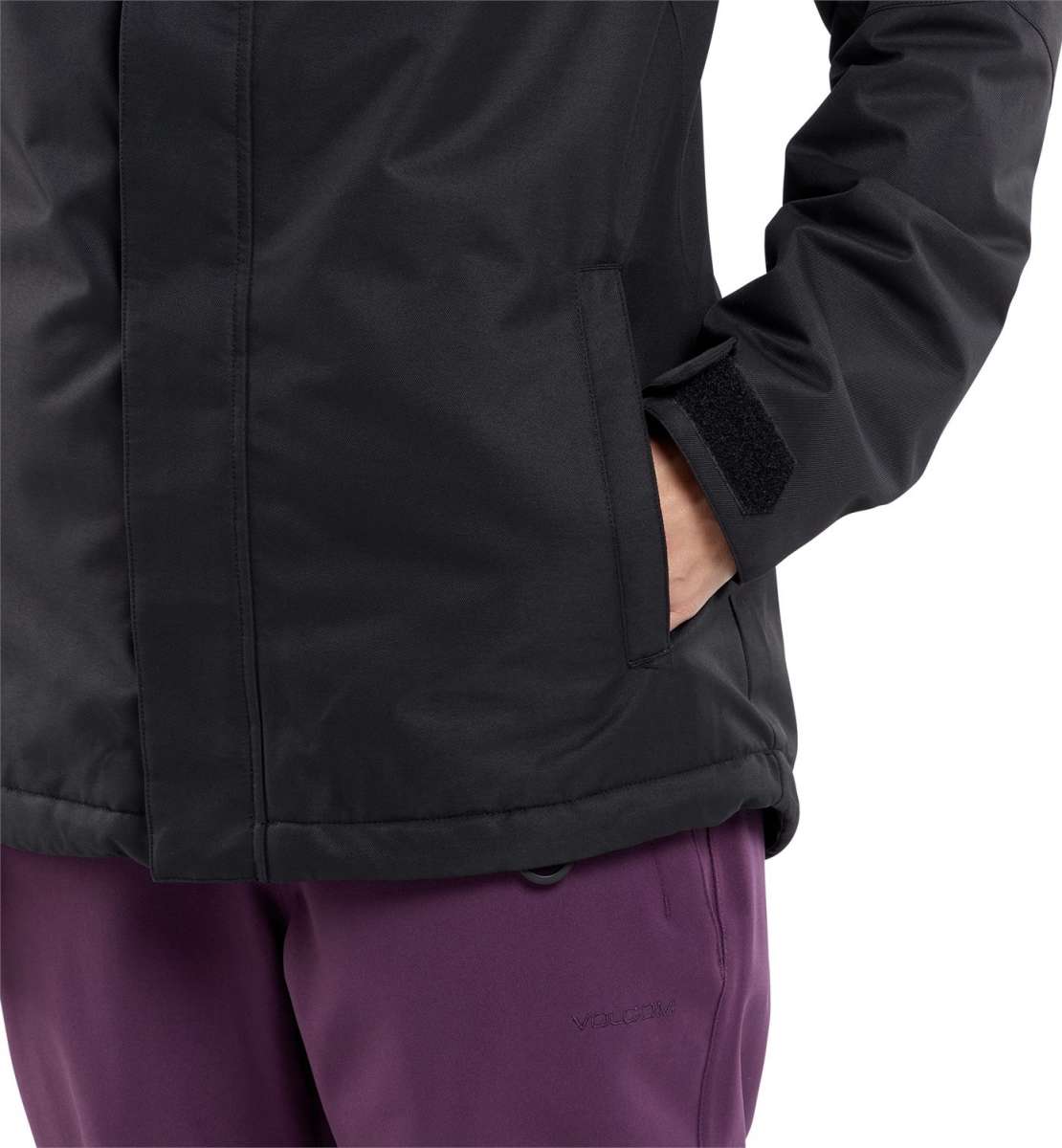 Volcom Women's Bolt Insulated Jacket 2024 - A black jacket with a zippered chest pocket and two side pockets, featuring a quilted pattern on the back.