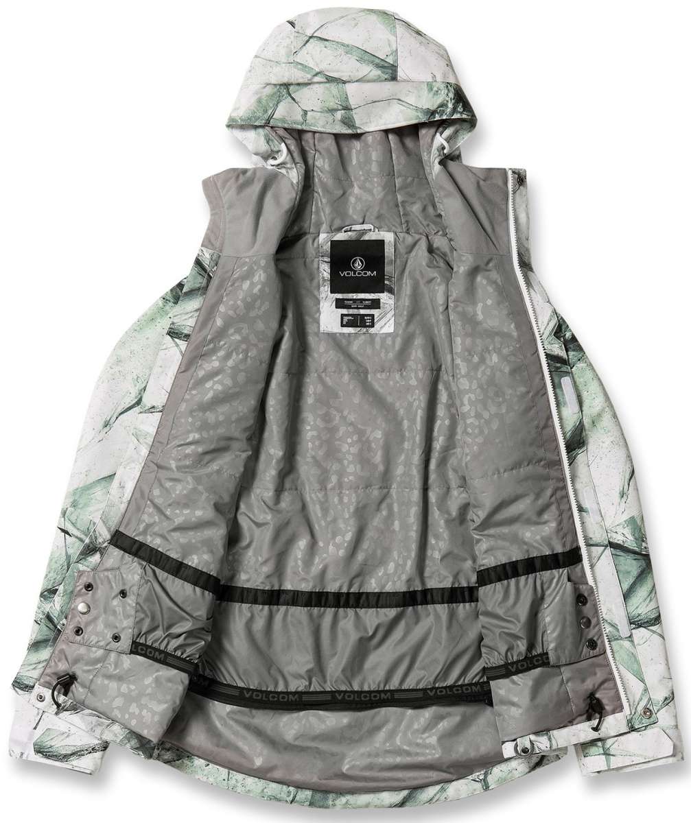 Volcom Women's Bolt Insulated Jacket 2024 - A white and green abstract patterned jacket with a hood, laid flat on a solid background.