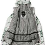 Volcom Women's Bolt Insulated Jacket 2024 - A white and green abstract patterned jacket with a hood, laid flat on a solid background.