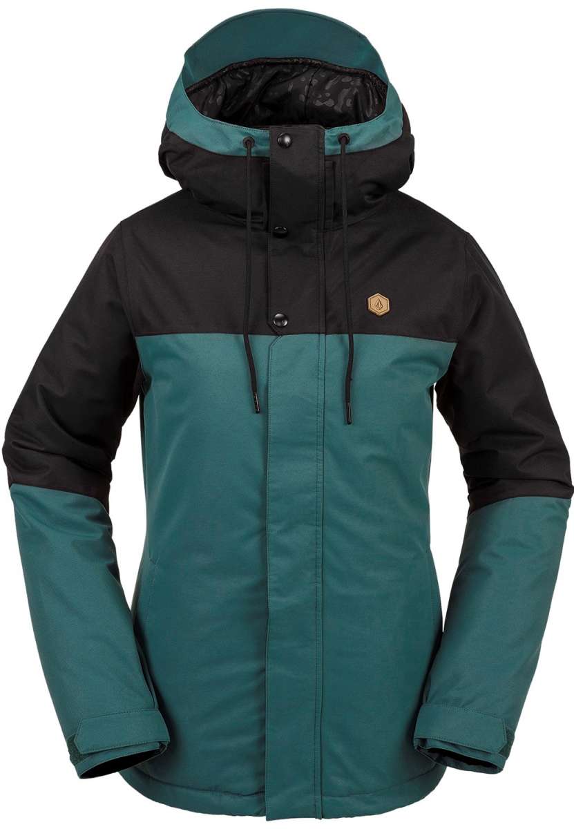 Volcom Women's Bolt Insulated Jacket 2024 - A black and teal jacket with a hood, featuring a small gold hexagon logo on the upper right side of the chest.