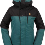 Volcom Women's Bolt Insulated Jacket 2024 - A black and teal jacket with a hood, featuring a small gold hexagon logo on the upper right side of the chest.
