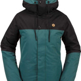 Volcom Women's Bolt Insulated Jacket 2024 - A black and teal jacket with a hood, featuring a small gold hexagon logo on the upper right side of the chest.