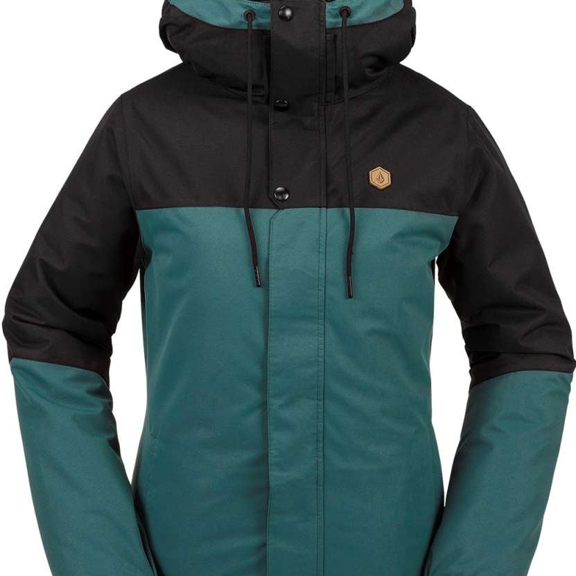 Volcom Women's Bolt Insulated Jacket 2024 - A black and teal jacket with a hood, featuring a small gold hexagon logo on the upper right side of the chest.