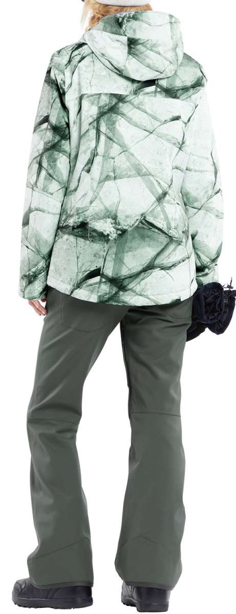 Volcom Women's Bolt Insulated Jacket - A white jacket with a green abstract design and black accents, featuring a hood and zippered pockets.