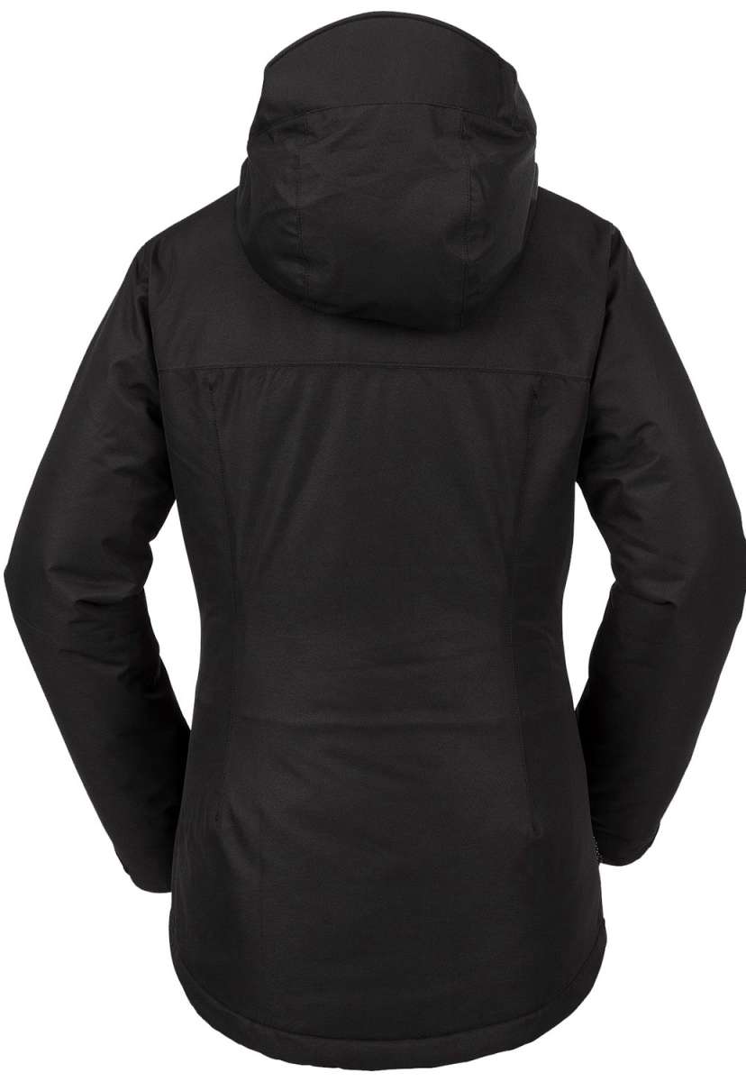 Volcom Women's Bolt Insulated Jacket 2024 - A black insulated jacket with a hood, featuring a zippered front and two side pockets.
