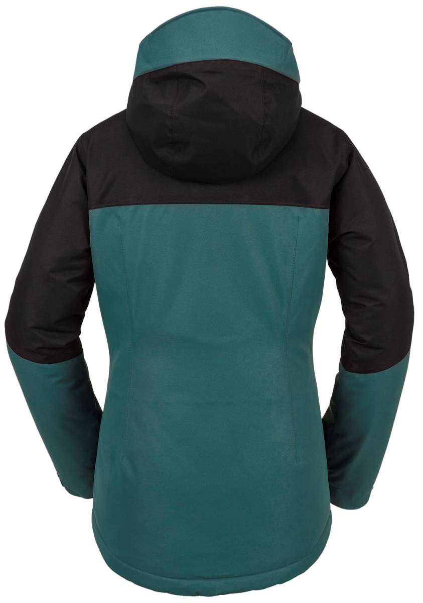 Volcom Women's Bolt Insulated Jacket 2024 - A dark green and black insulated jacket with a hood, featuring a zippered front and two side pockets.