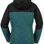 Volcom Women's Bolt Insulated Jacket 2024 - A dark green and black insulated jacket with a hood, featuring a zippered front and two side pockets.
