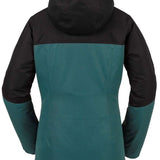 Volcom Women's Bolt Insulated Jacket 2024 - A dark green and black insulated jacket with a hood, featuring a zippered front and two side pockets.