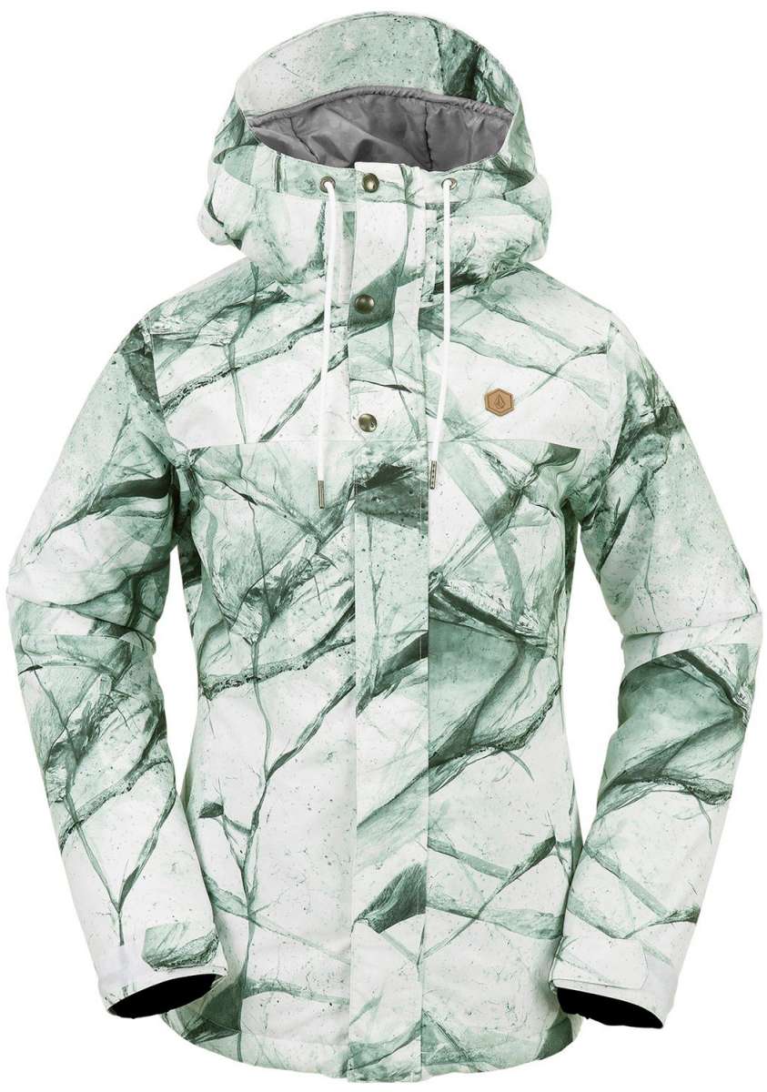 Volcom Women's Bolt Insulated Jacket 2024 - A white jacket with a black and grey abstract design, featuring a hood and two zippered pockets on the front.