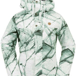 Volcom Women's Bolt Insulated Jacket 2024 - A white jacket with a black and grey abstract design, featuring a hood and two zippered pockets on the front.