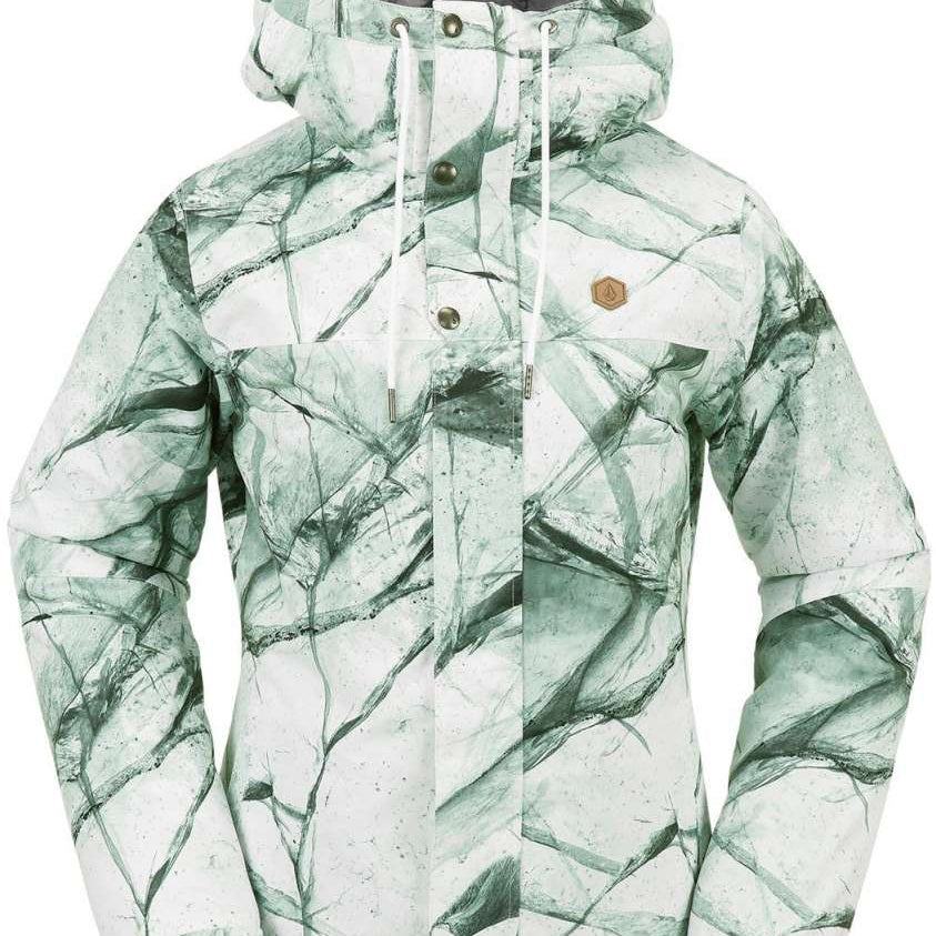 Volcom Women's Bolt Insulated Jacket 2024 - A white jacket with a black and grey abstract design, featuring a hood and two zippered pockets on the front.