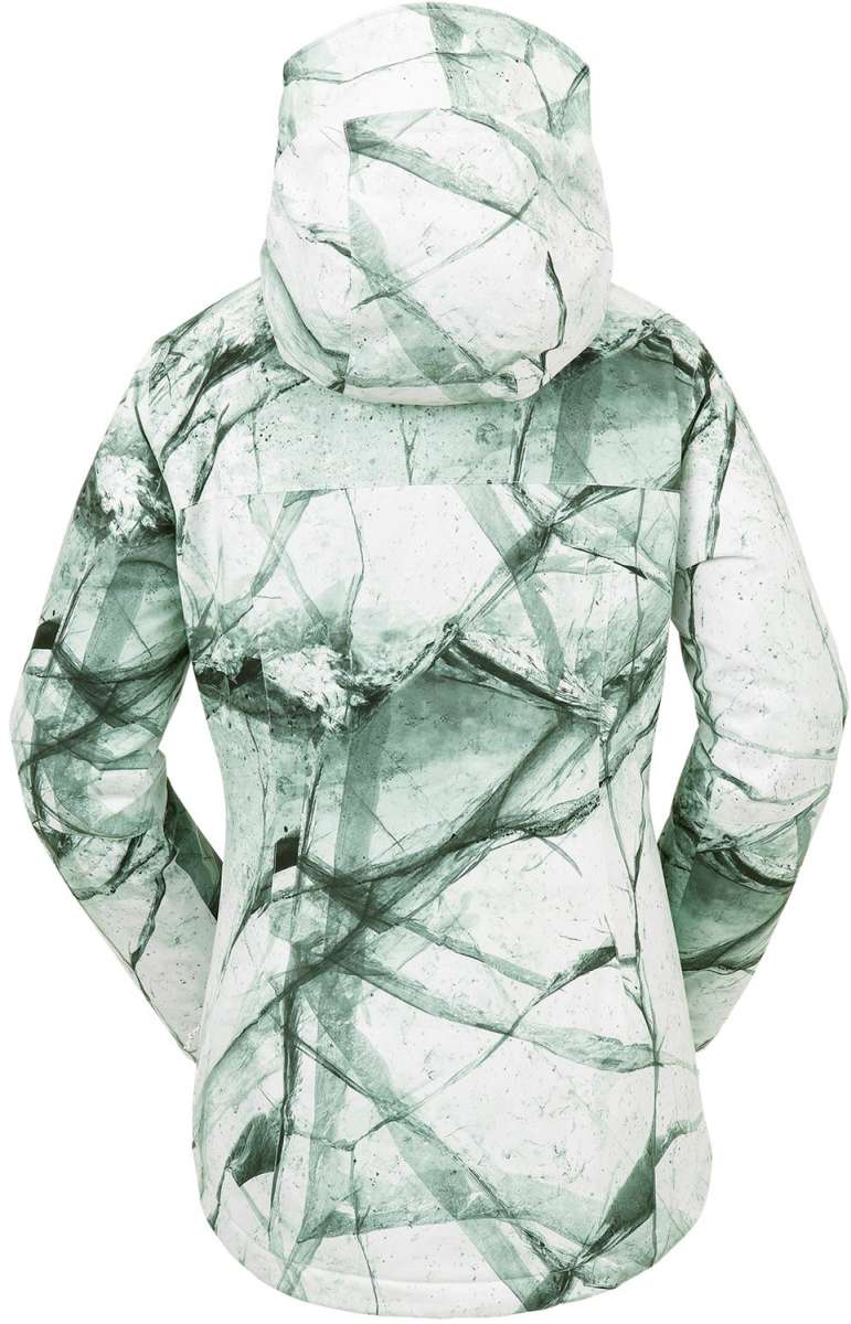 Volcom Women's Bolt Insulated Jacket 2024 - A white jacket with a geometric pattern of dark green lines and shapes, featuring a hood and long sleeves.