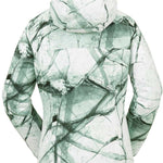 Volcom Women's Bolt Insulated Jacket 2024 - A white jacket with a geometric pattern of dark green lines and shapes, featuring a hood and long sleeves.