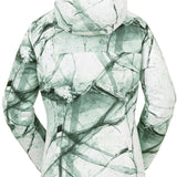 Volcom Women's Bolt Insulated Jacket 2024 - A white jacket with a geometric pattern of dark green lines and shapes, featuring a hood and long sleeves.