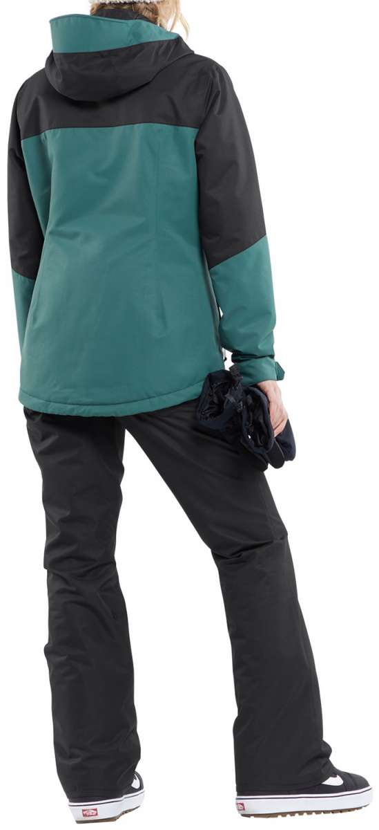 Volcom Women's Bolt Insulated Jacket - A green jacket with a hood, featuring black accents on the shoulders and upper arms.