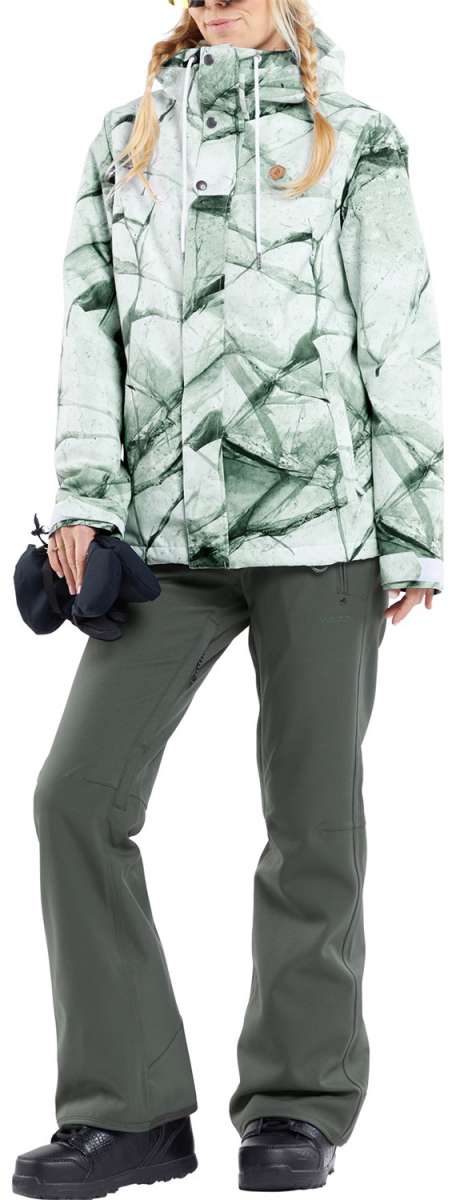 Volcom Women's Bolt Insulated Jacket - A white jacket with a green geometric pattern and a hood, worn by a model with blonde hair in braids.