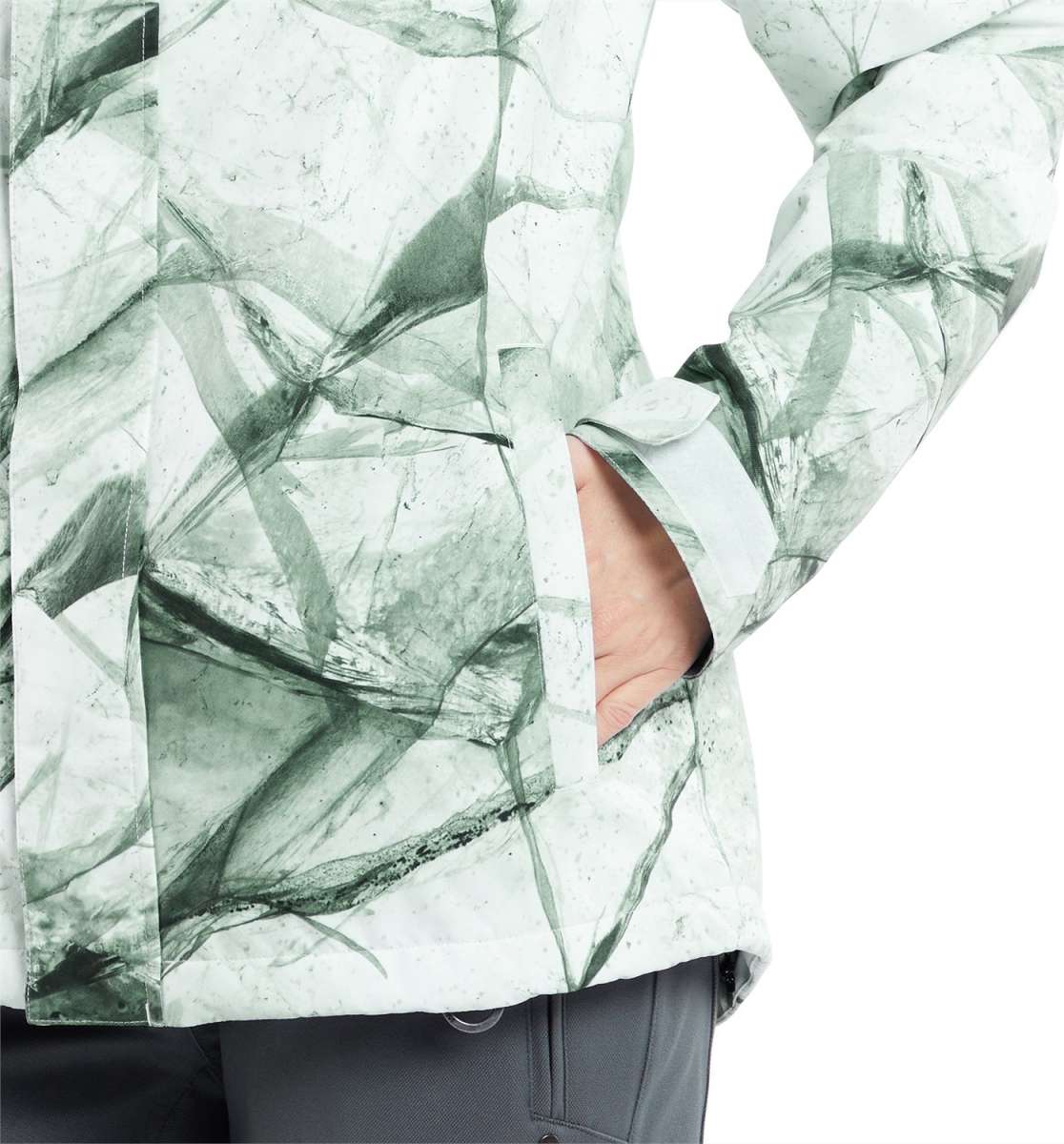 Volcom Women's Bolt Insulated Jacket 2024 - A white jacket with a green abstract design and black zippers.