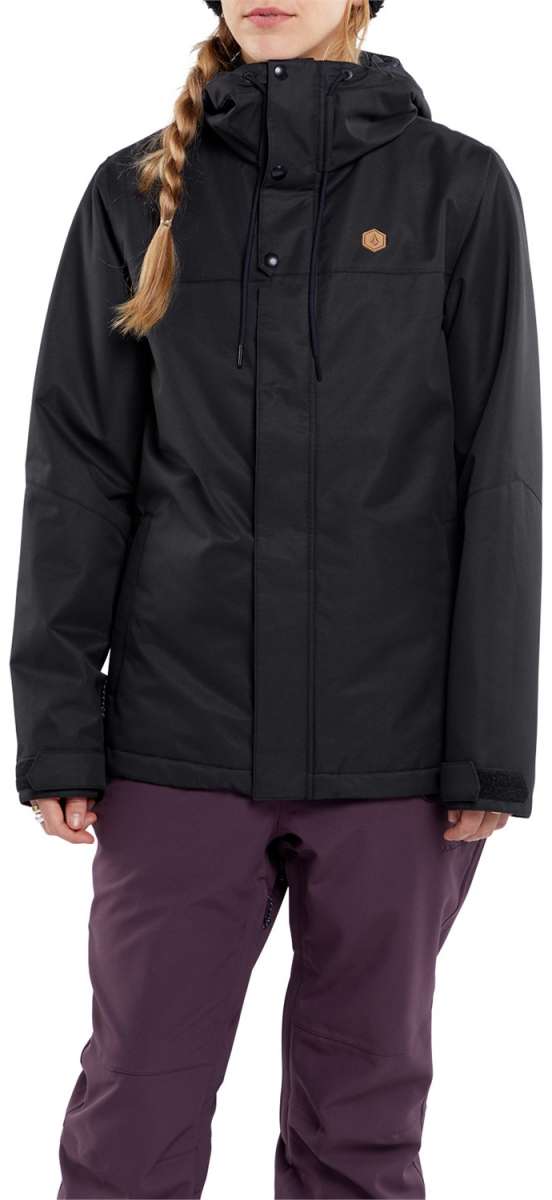 Volcom Women's Bolt Insulated Jacket - A black jacket with a hood and two chest pockets, featuring a small hexagon logo on the left side of the chest pocket.