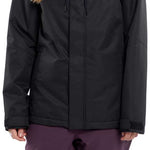 Volcom Women's Bolt Insulated Jacket - A black jacket with a hood and two chest pockets, featuring a small hexagon logo on the left side of the chest pocket.