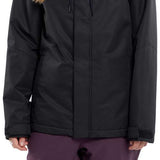Volcom Women's Bolt Insulated Jacket - A black jacket with a hood and two chest pockets, featuring a small hexagon logo on the left side of the chest pocket.