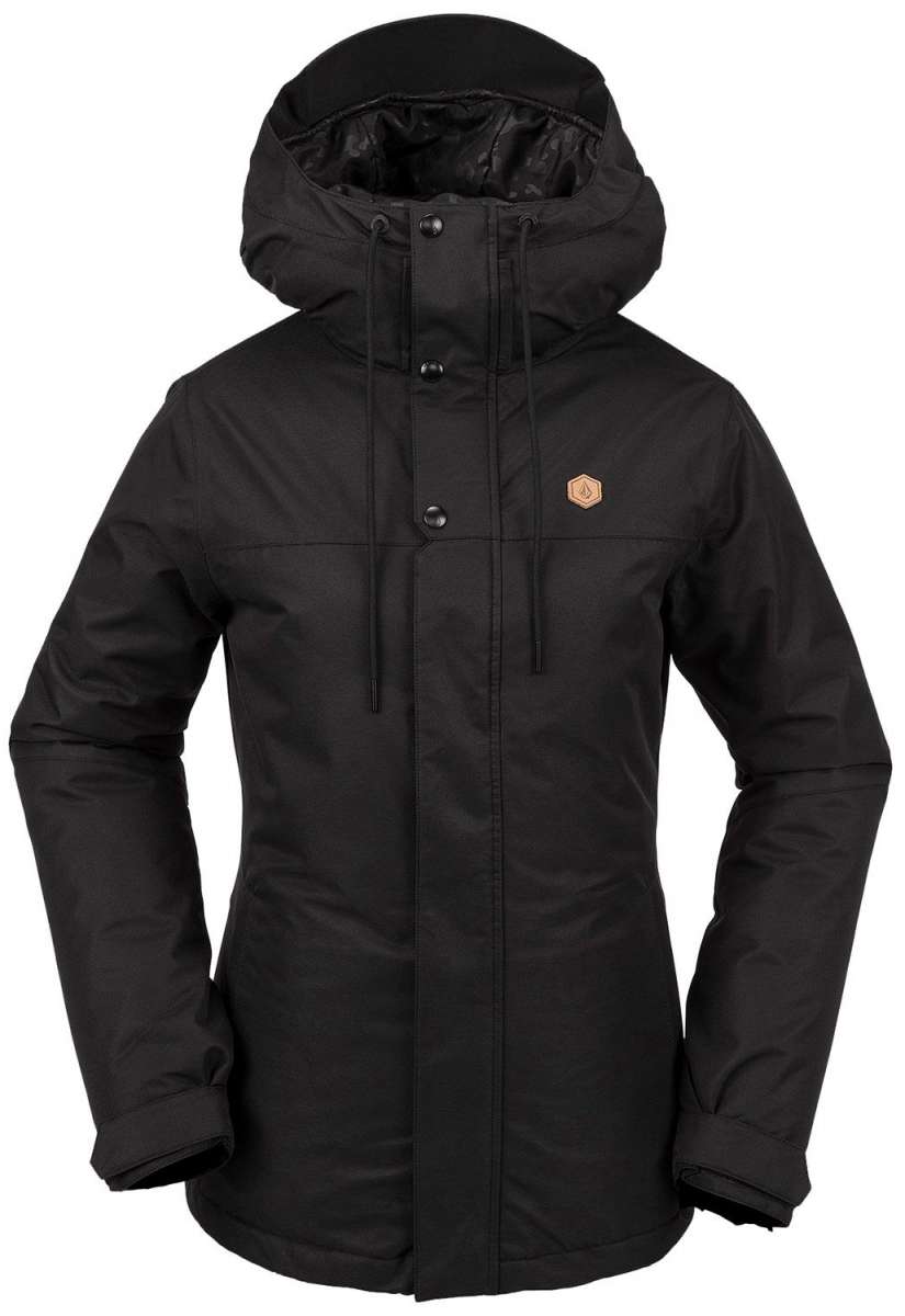 Volcom Women's Bolt Insulated Jacket 2024 - A black insulated jacket with a hood, featuring a small hexagon-shaped logo on the left chest area.