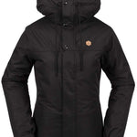 Volcom Women's Bolt Insulated Jacket 2024 - A black insulated jacket with a hood, featuring a small hexagon-shaped logo on the left chest area.