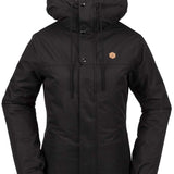 Volcom Women's Bolt Insulated Jacket 2024 - A black insulated jacket with a hood, featuring a small hexagon-shaped logo on the left chest area.