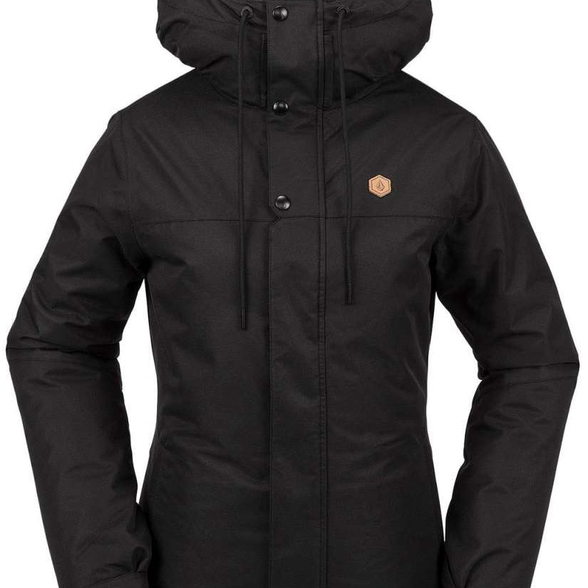 Volcom Women's Bolt Insulated Jacket 2024 - A black insulated jacket with a hood, featuring a small hexagon-shaped logo on the left chest area.