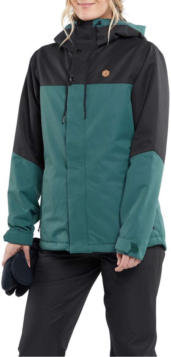 Volcom Women's Bolt Insulated Jacket - A black jacket with a green stripe across the chest and down the sleeves, featuring a hood and zippered pockets.