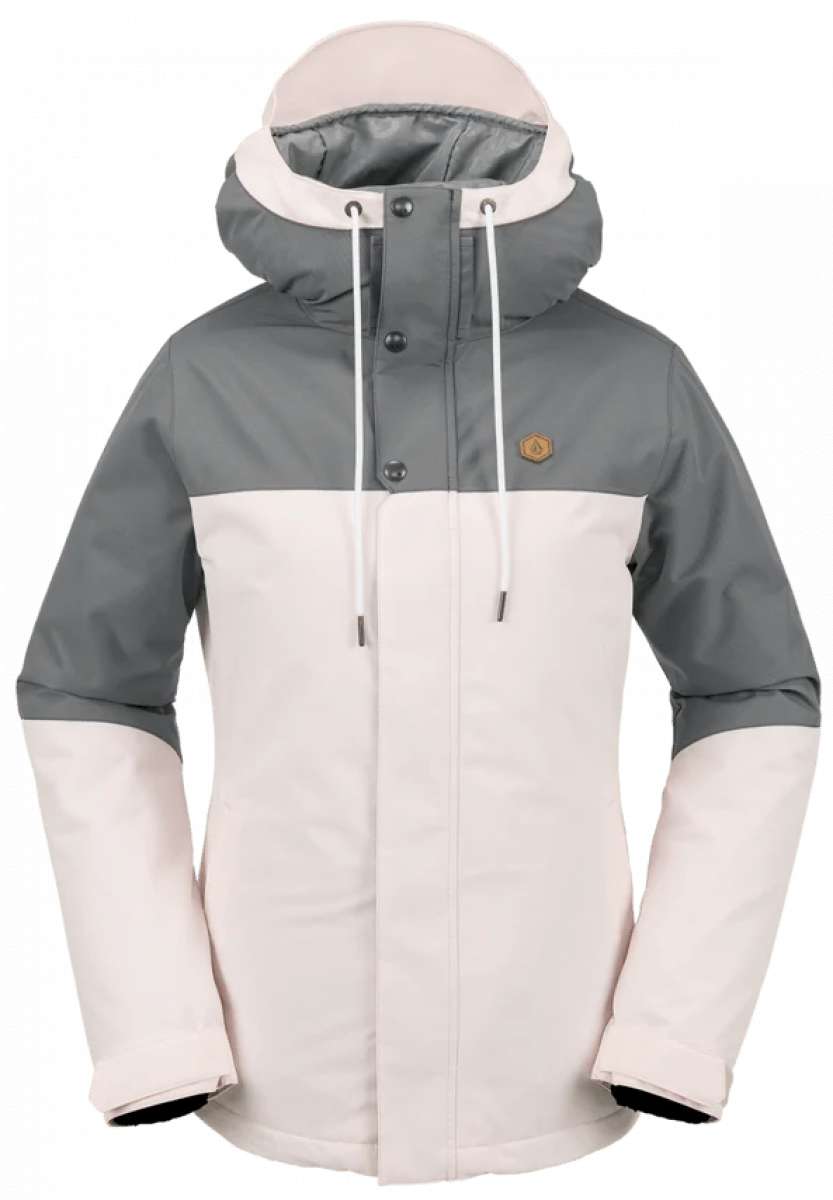 Volcom Women's Bolt Insulated Jacket - A grey and white jacket with a hood, featuring a small brown logo on the upper right chest area.