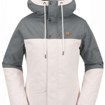 Volcom Women's Bolt Insulated Jacket - A grey and white jacket with a hood, featuring a small brown logo on the upper right chest area.