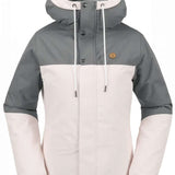 Volcom Women's Bolt Insulated Jacket - A grey and white jacket with a hood, featuring a small brown logo on the upper right chest area.