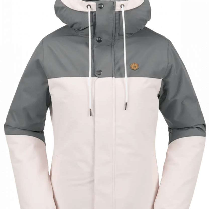 Volcom Women's Bolt Insulated Jacket - A grey and white jacket with a hood, featuring a small brown logo on the upper right chest area.