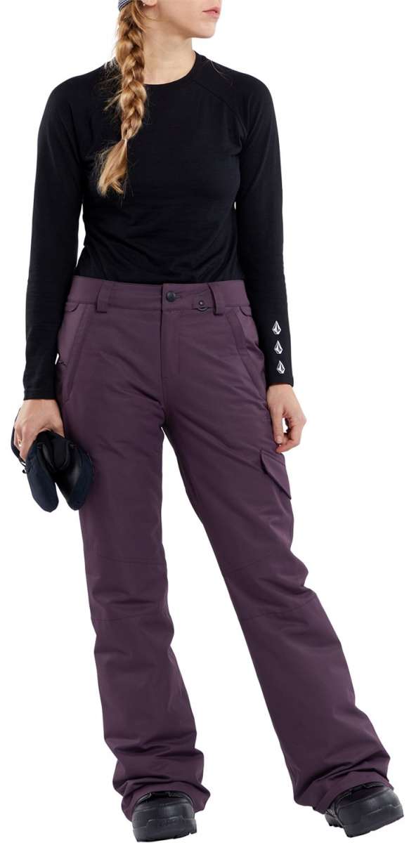 Volcom Women's Bridger Insulated Pant - Black snow pants with white logo on left thigh and black zipper pull.