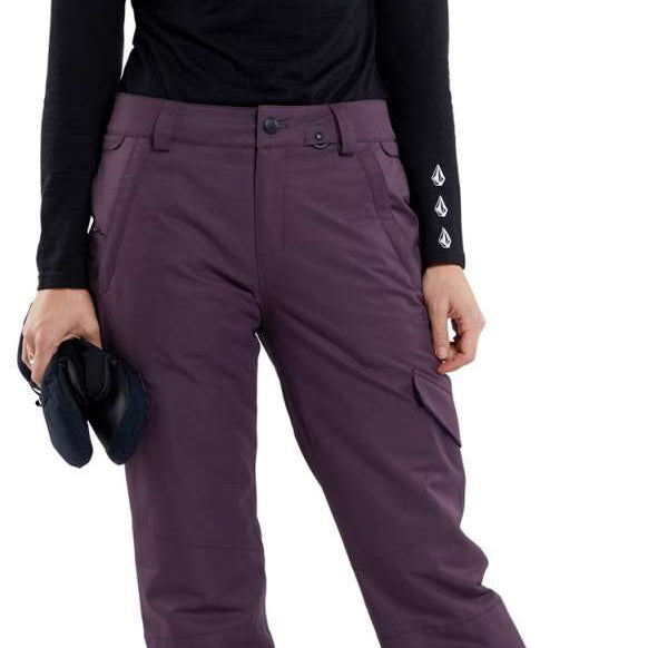 Volcom Women's Bridger Insulated Pant - Black snow pants with white logo on left thigh and black zipper pull.
