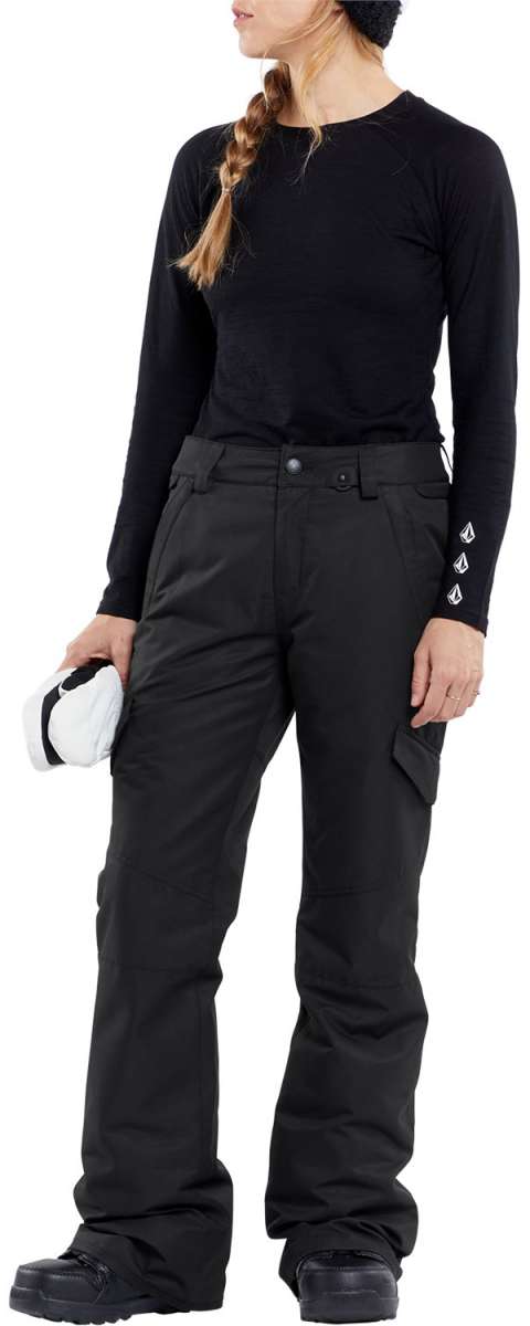 Volcom Women's Bridger Insulated Pant - Black snow pants with white logo on left leg cuff and zippered pocket at right thigh.