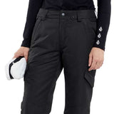 Volcom Women's Bridger Insulated Pant - Black snow pants with white logo on left leg cuff and zippered pocket at right thigh.