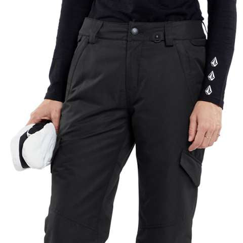 Volcom Women's Bridger Insulated Pant - Black snow pants with white logo on left leg cuff and zippered pocket at right thigh.