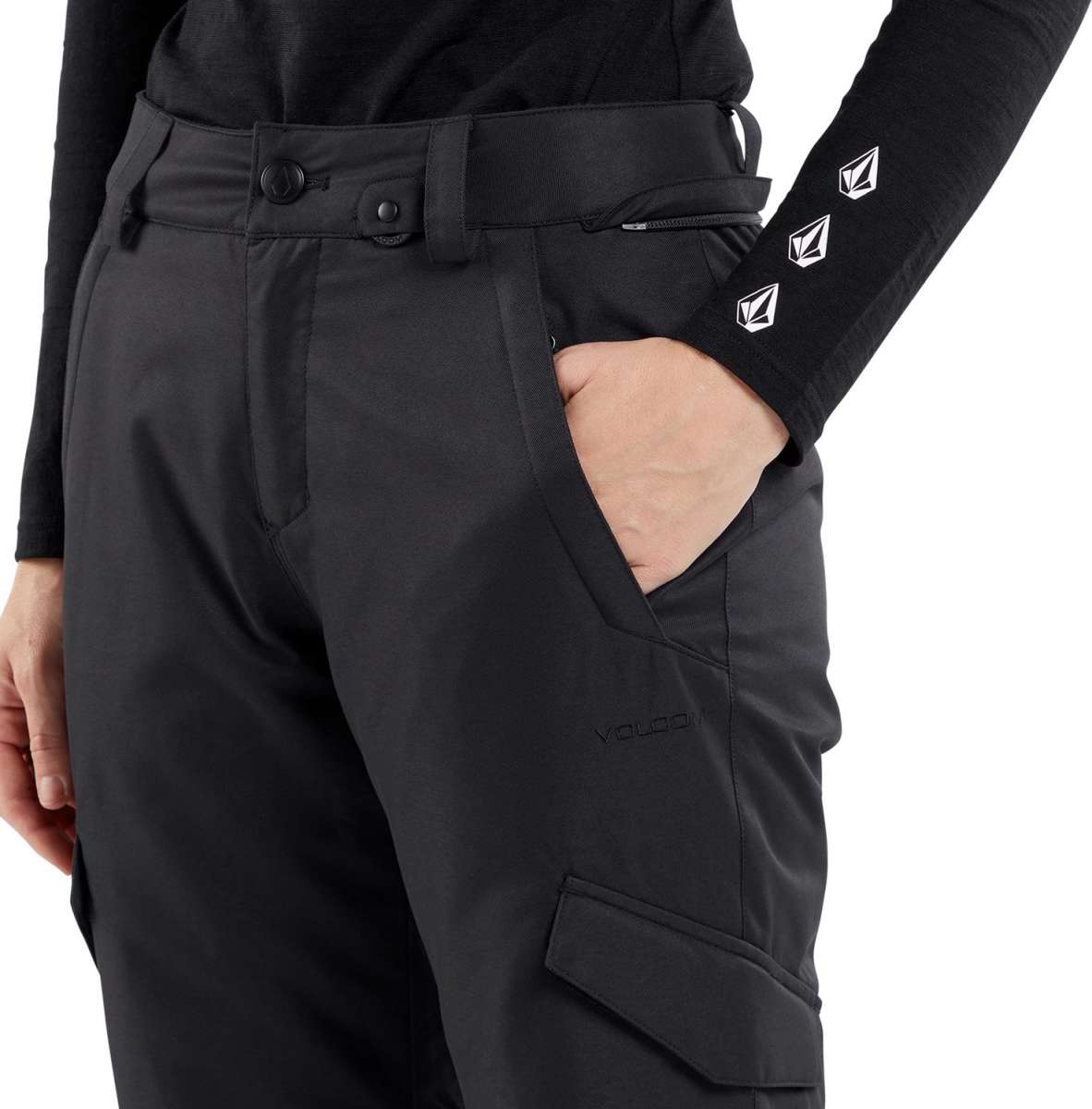 Volcom Women's Bridger Insulated Pant 2024 - Black snow pants with a zippered pocket on the side and adjustable Velcro straps at the waist.