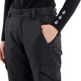 Volcom Women's Bridger Insulated Pant 2024 - Black snow pants with a zippered pocket on the side and adjustable Velcro straps at the waist.