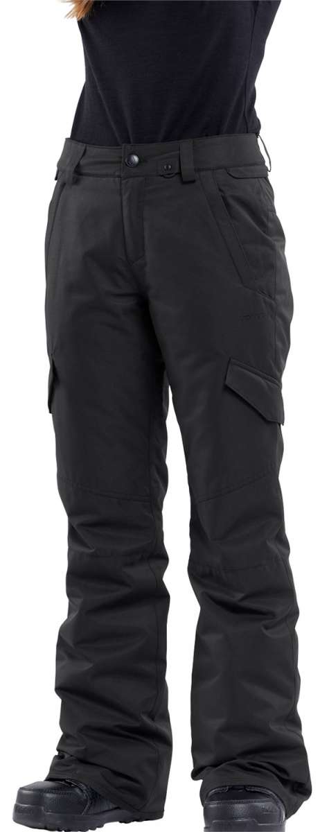 Volcom Women's Bridger Insulated Pant - Black insulated snowboard pants with a zippered pocket on the side of one leg.
