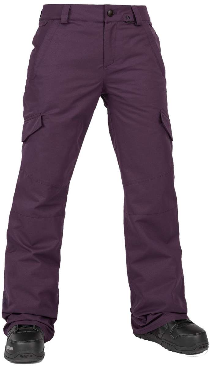 Volcom Women's Bridger Insulated Pant 2024 - Dark-colored, insulated snow pants with zippered pockets and adjustable cuffs.