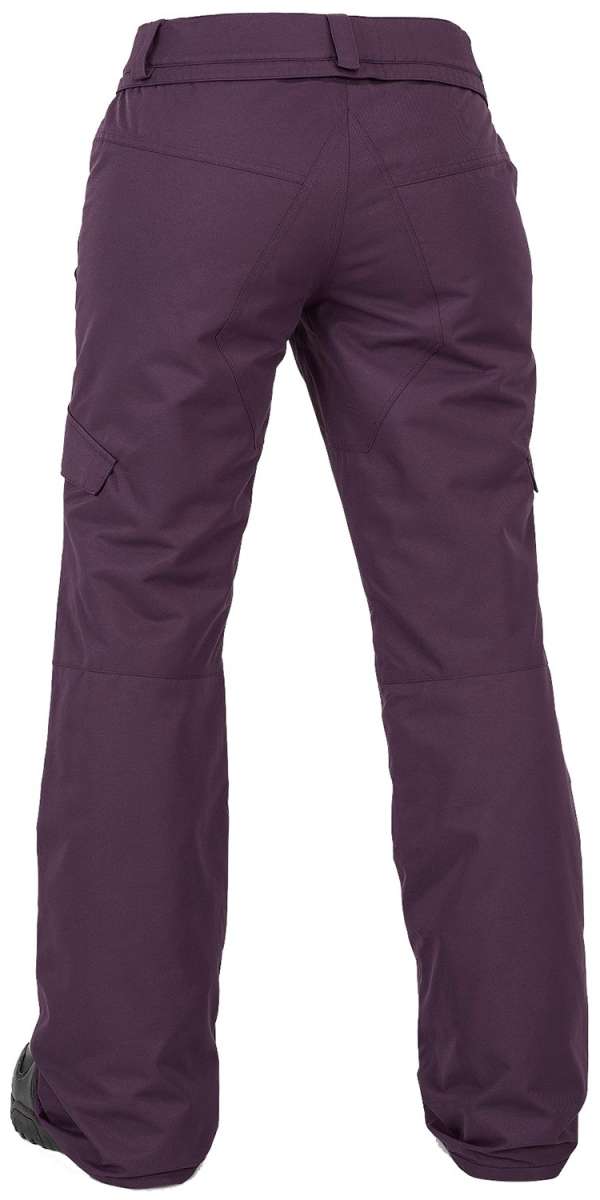 Volcom Women's Bridger Insulated Pant 2024 - A pair of insulated, dark purple ski pants with a belt and two zippered pockets on the side.