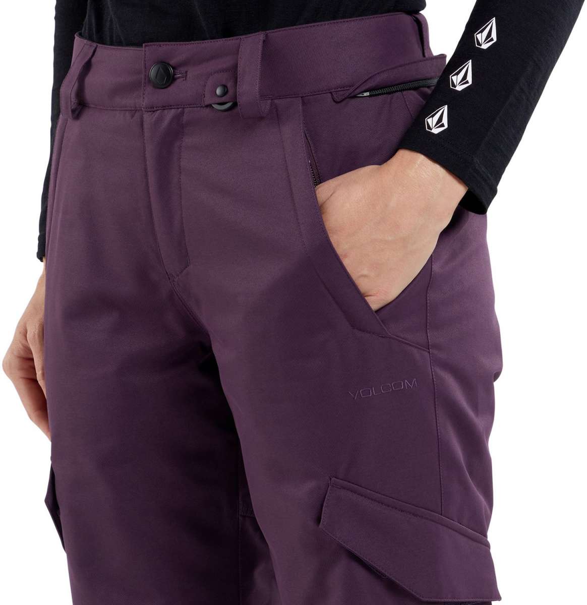 Volcom Women's Bridger Insulated Pant 2024 - A pair of purple ski pants with a zippered pocket on the side and a black zipper pull.