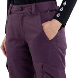 Volcom Women's Bridger Insulated Pant 2024 - A pair of purple ski pants with a zippered pocket on the side and a black zipper pull.